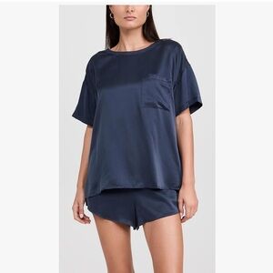 379 Ekouaer Navy Blue Satin Silk Two-Piece Loungewear Set Short Sleeve Size L